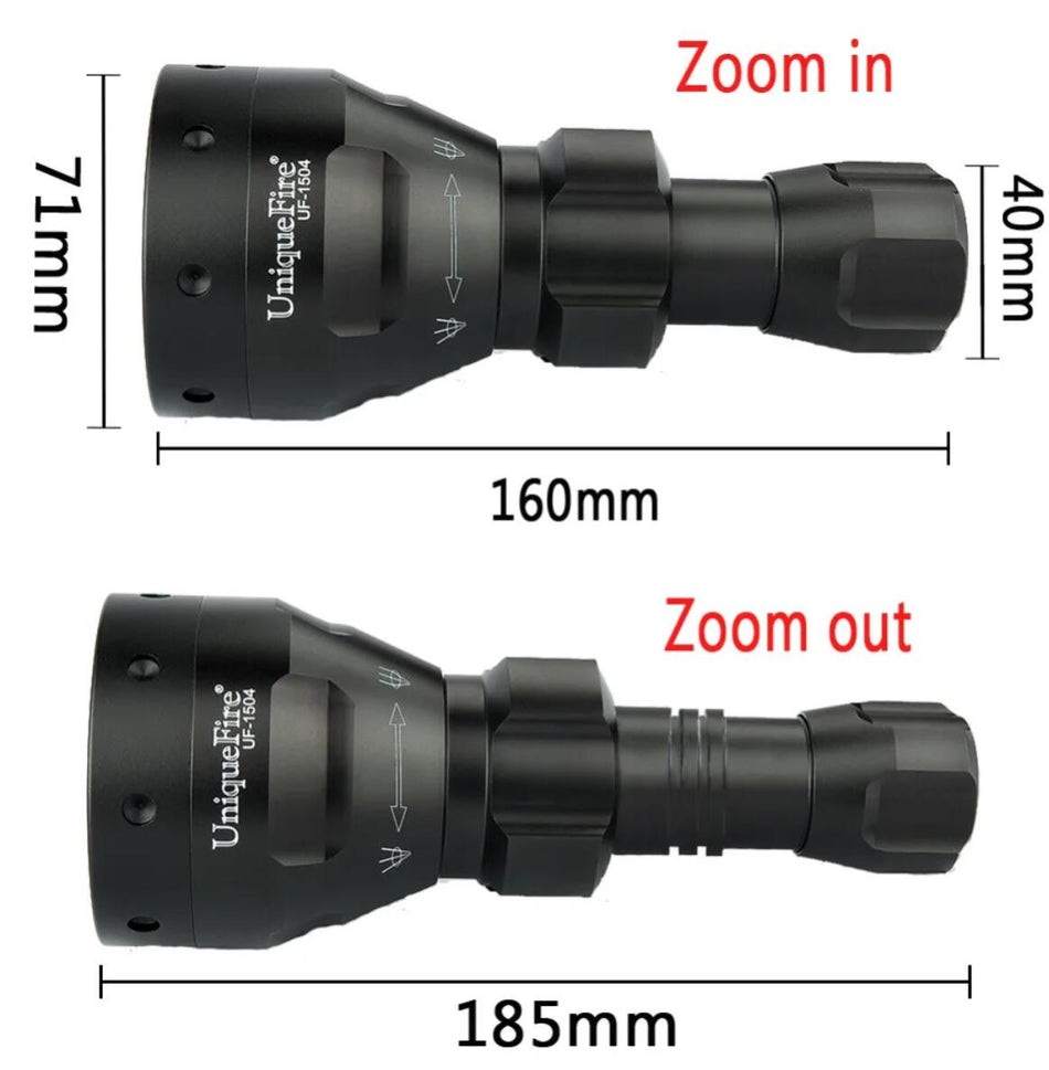 UniqueFire 1504 67mm Lens Zoomable Single Mode Flashlight 1000 Lumen Cold White LED