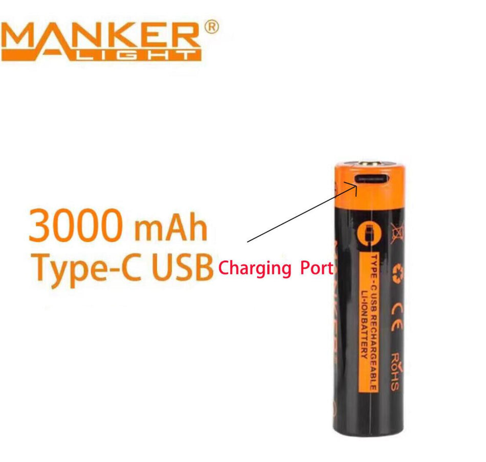 Mankerlight 3000mAh 18650 Rechargeable Battery With USB Type C Charging Port + 1pcs Free Torch