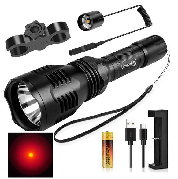 UniqueFire HS-802 Long Range 200 Yard Red LED Hunting Light Flashlight Kit