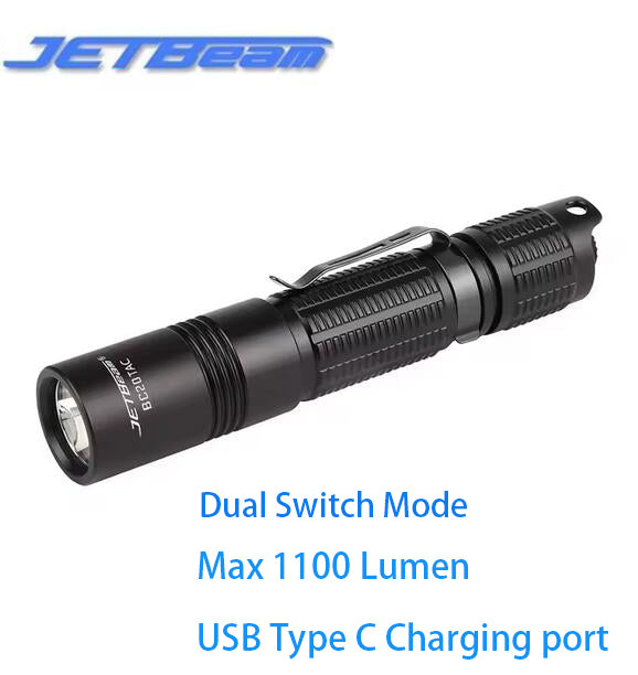 JETBEAM BC20TAC 1100Lumen LED USB Type-C USB Charging IPX8 Flashlight With Dual Mode +3500mAH Battery