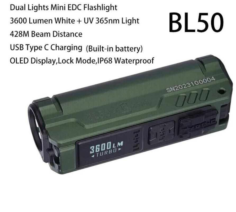 IMALENT BL50 Pocket EDC Flashlight 3600 Lumens White Light With UV 365nm USB C Rechargeable Torch(Green）