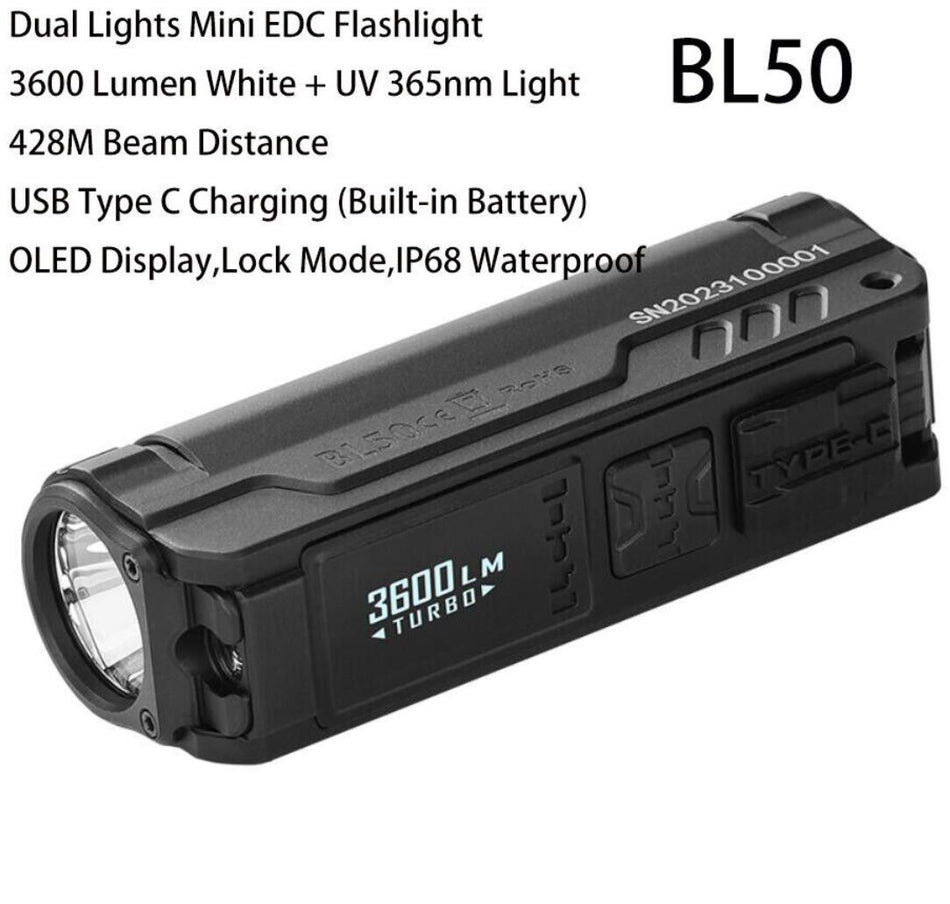 IMALENT BL50 MINI EDC Flashlight 3600 Lumens White Light With UV 365nm USB C Rechargeable Torch(Black）