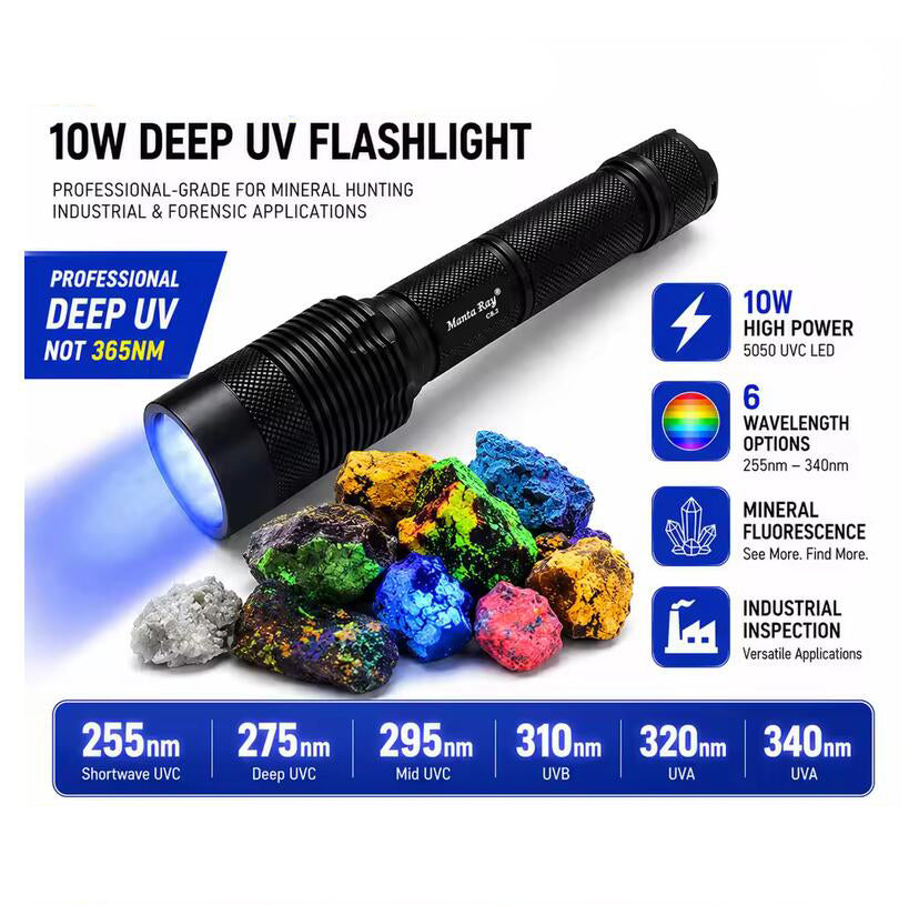 Powerful Short Wave Flashlight 10W UV LED 254nm 255nm 275nm 310nm 340nm UVC Light with Filter For Fluorescent Mineral Stone Disinfection