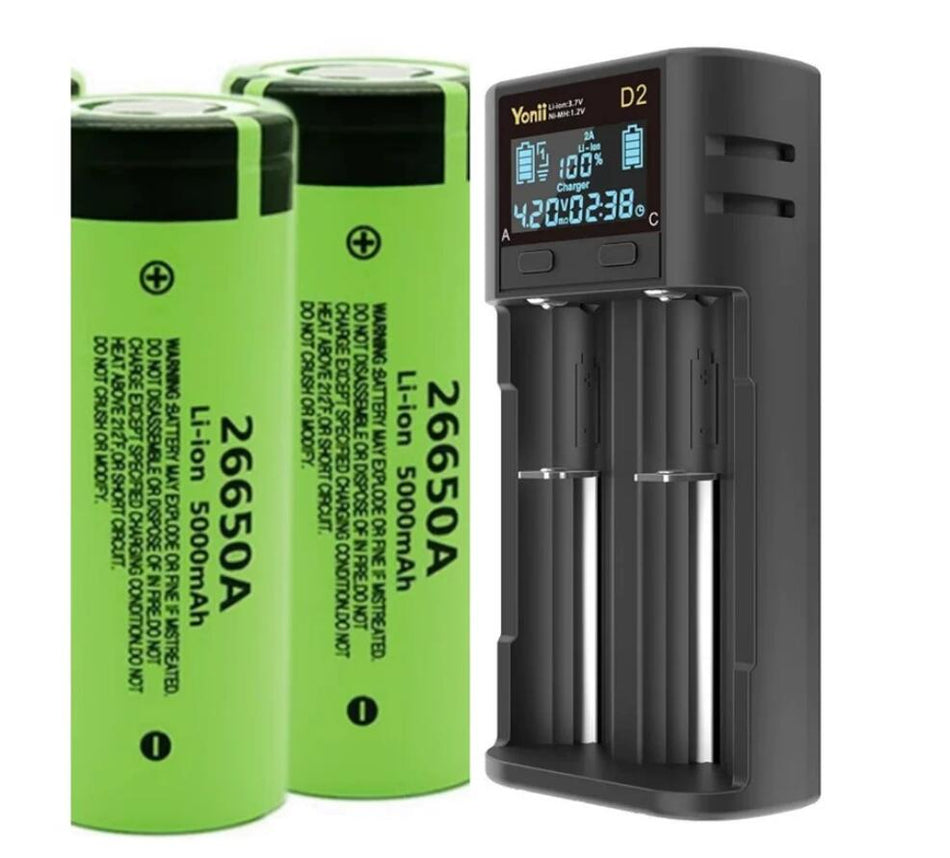2 Slots 2A Output Universal LCD Smart Battery Charger + 2x 26550A 5000mAh Battery