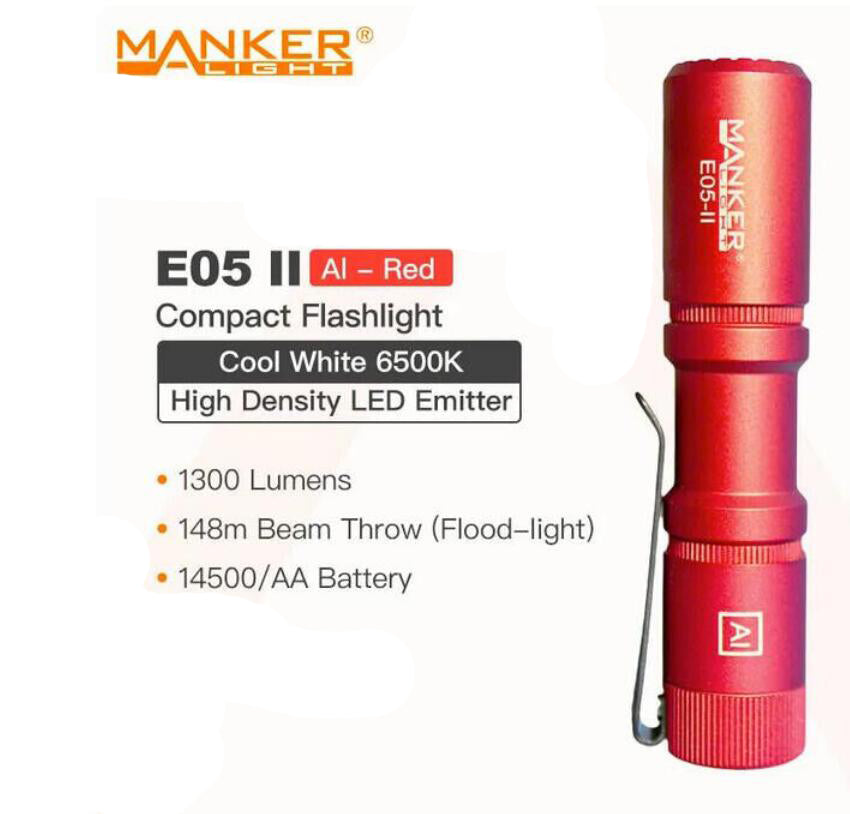 Mankerlight E05 II Red EDC Mini Flashlight 1300 Lumens AA/14500