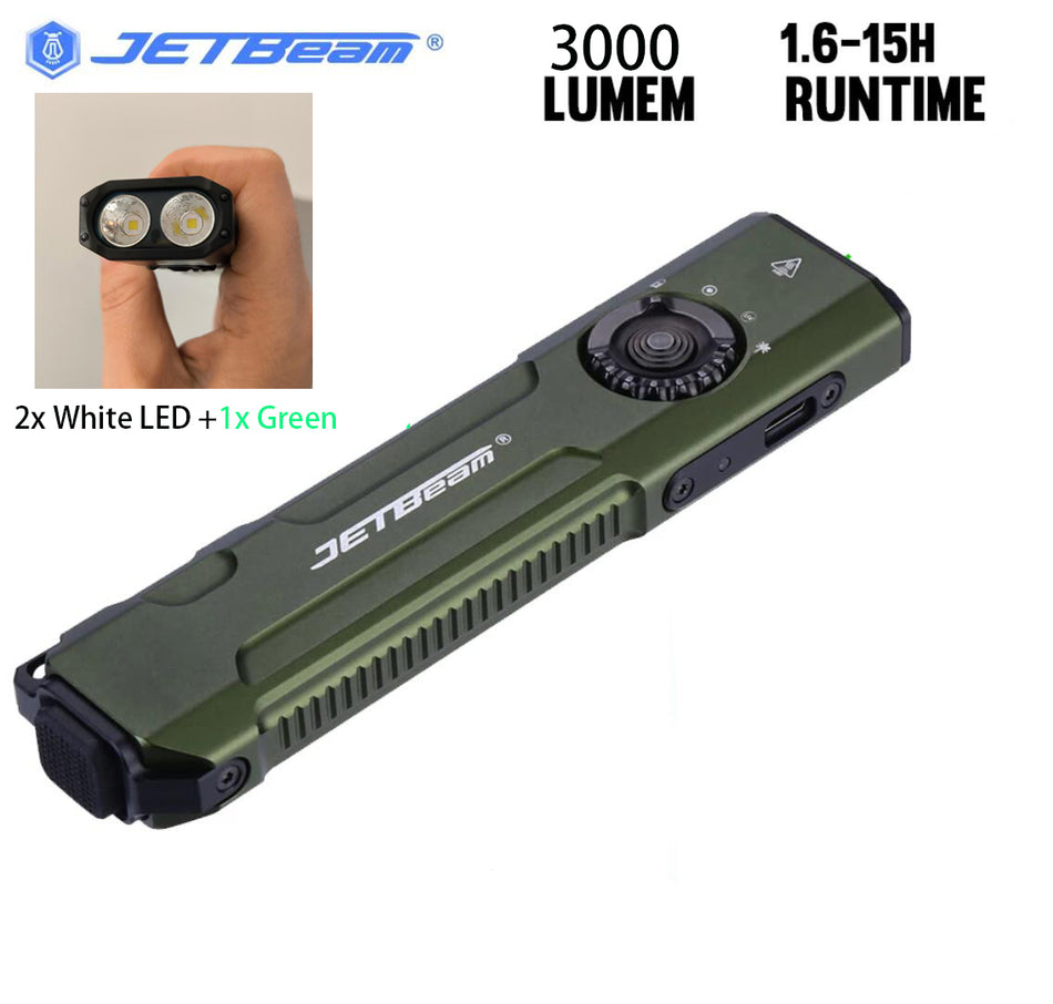 JETBEAM E26 SFT40 LED White 3000 Lumen+Green Beam 2-in-1 EDC Flashlight USB C Rechargeable -Green