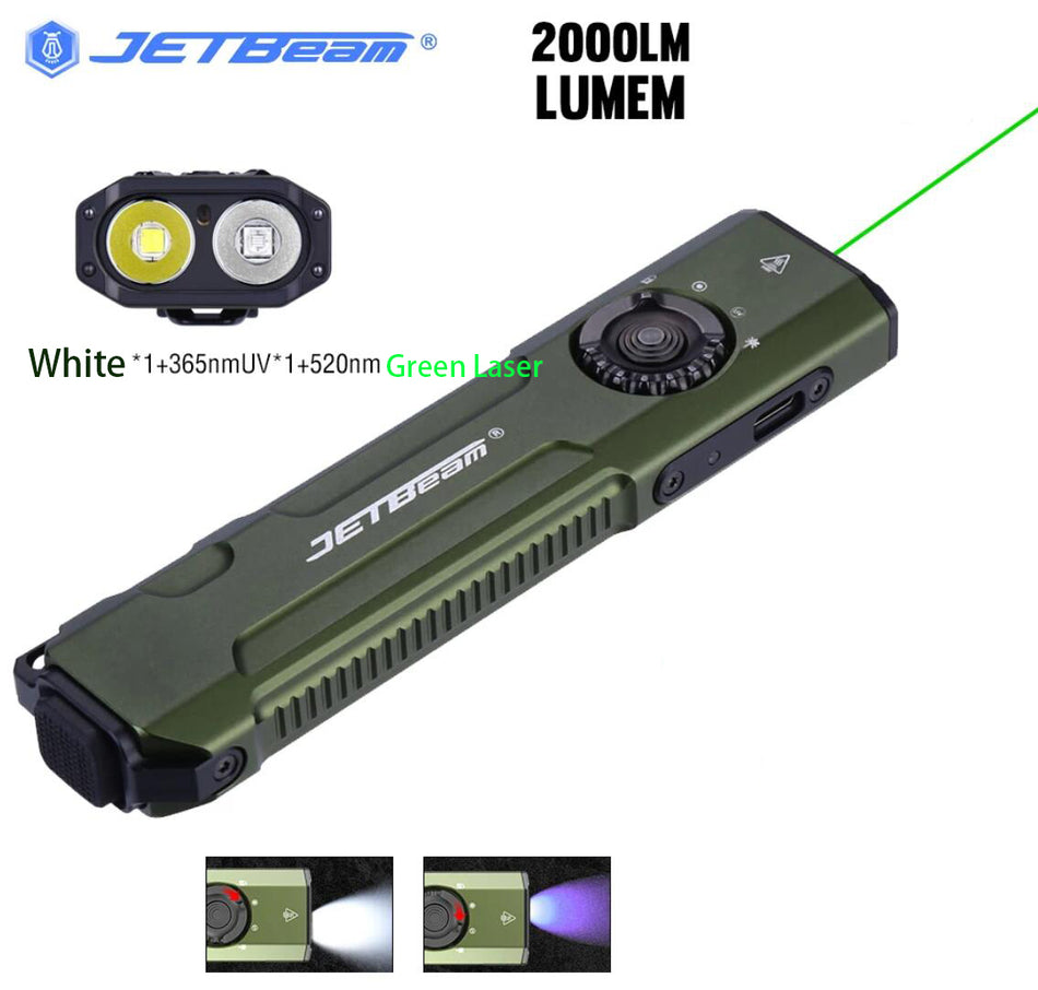 JETBEAM E26 White 2000 Lumen+UV 365nm+Green Laser 3-in-1 EDC Flashlight USB C Rechargeable -Green