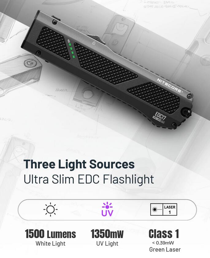 NITECORE EDC17 3in 1 EDC Flashight UV Light +Green Laser +1500 Lumen White USB-C Rechargeable Torch