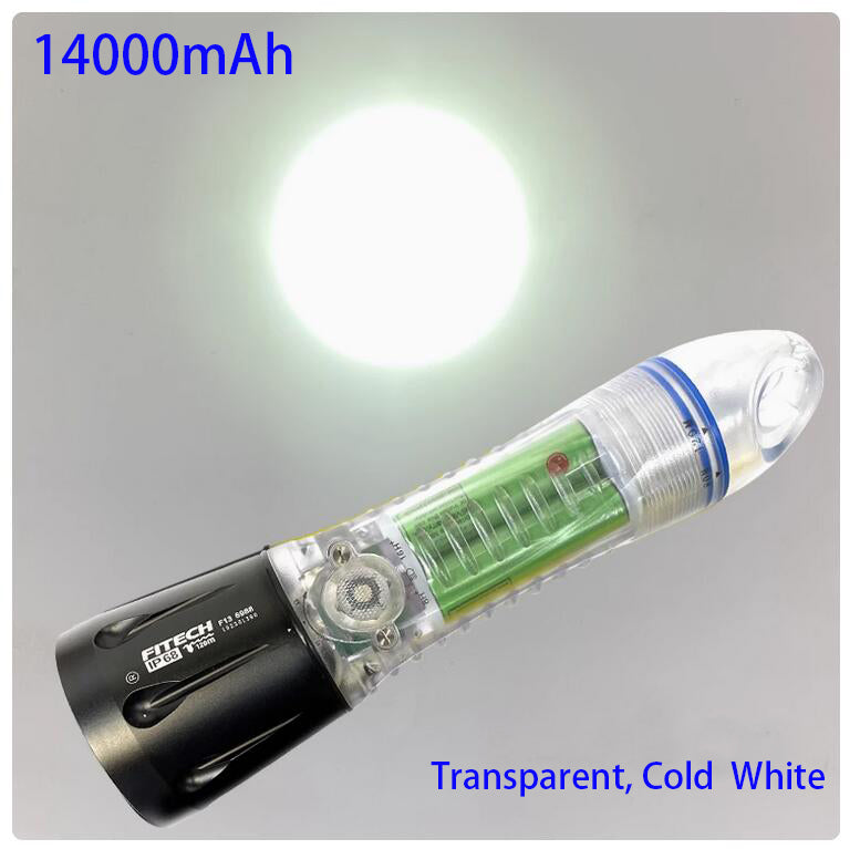 Fitech F13 Scuba Diving Light Built-in 14000mah Battery Flashlight USB C Rechargeable 1000 Lumen LED Waterproof Torch -Transparent