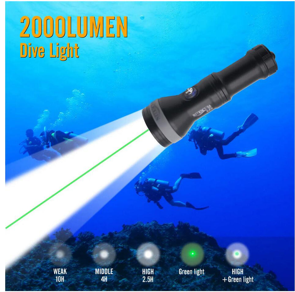 G20 Professional Scuba Diving Light With Green beam 2 in 1 2000 Lumen Flashlight Underwater Torch