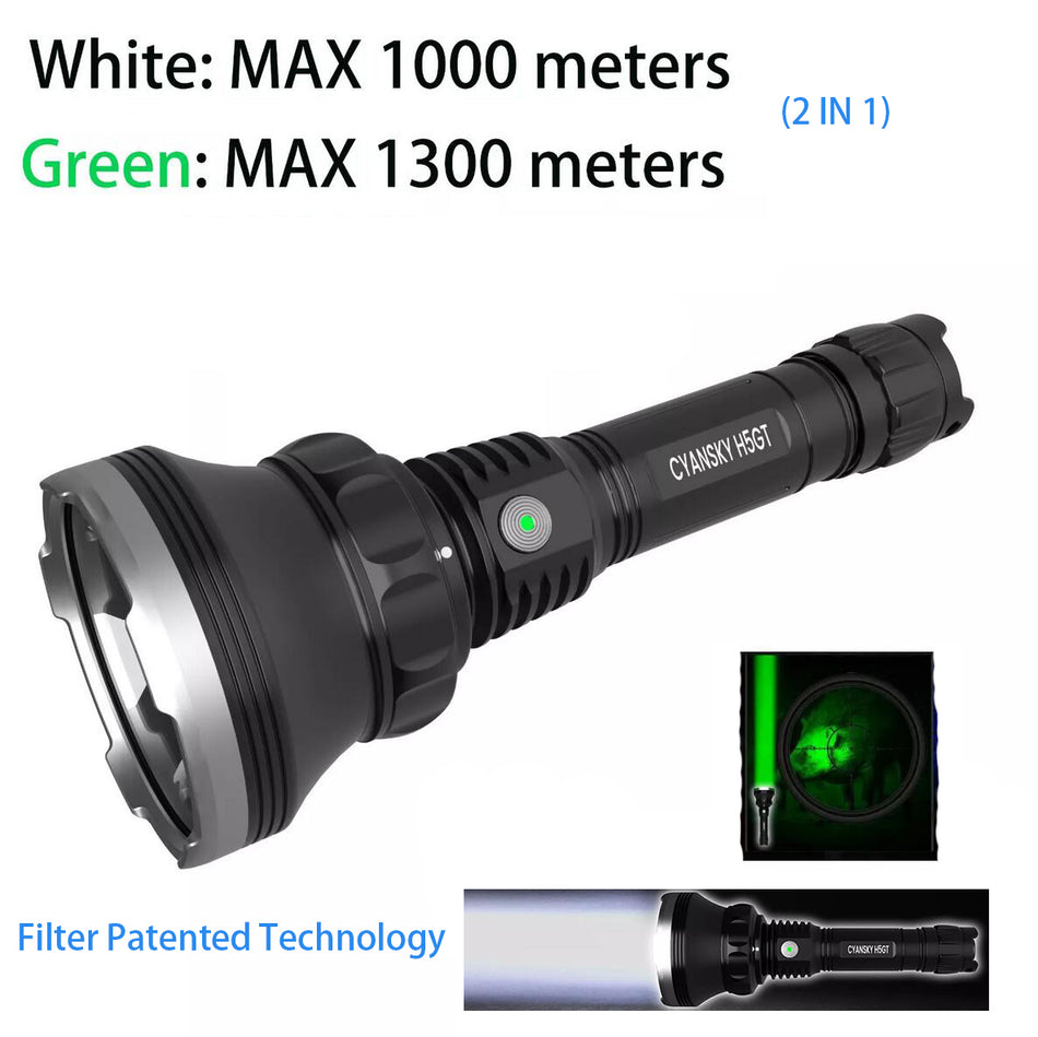 Cyansky 1300 Meter Long Range White + Green 2 in 1 Night Hunting Flashlight Full Kit