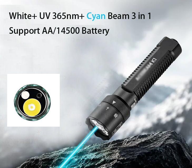 ACE-K1 EDC Flashlight 3 in 1 Light White+UV 365nm + Cyan Beam (Support AA/14500)