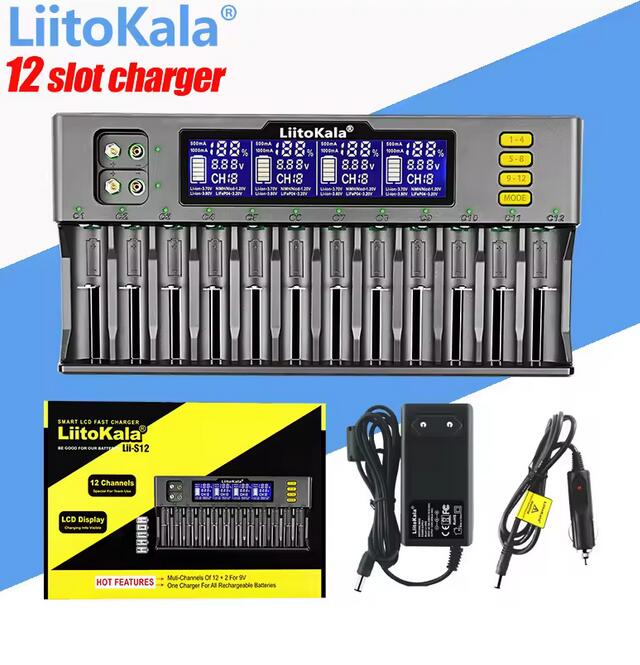 LiitoKala Lii-S12 12-Slot LCD Battery Charger for Li-ion LiFePO4 Ni-MH Ni-Cd 9V 21700 20700 26650 18650 16340 18350 RCR123 18700
