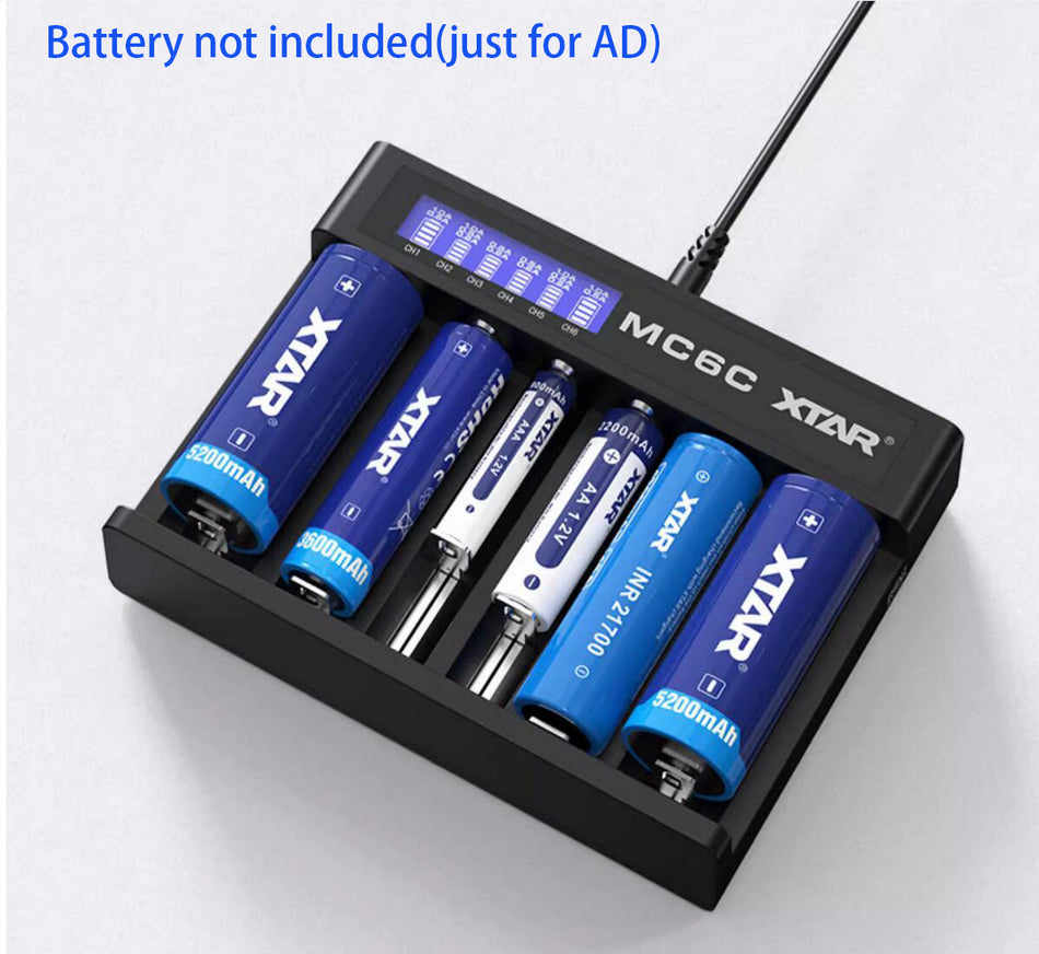 XTAR Charger 6 Slot LCD Display Smart Lithium Battery Charger USB-C & DC Input for 18650 21700 18350 14500 aa aaa