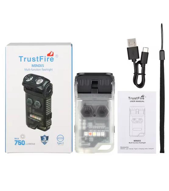 Trustfire MINIX5 750Lumen EDC Kechain Flashlight Type C Rechargeable 90° Rotating Light Head With UV light（Transparent）
