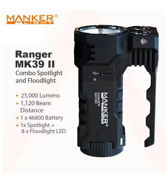 Mankerlight MK39 II 25000 Lumen Combo Spotlight + Floodlight High Power Flashlight 9x LEDs/ 24000 mAh Battery /Dial Switch/USB C Rechargeable