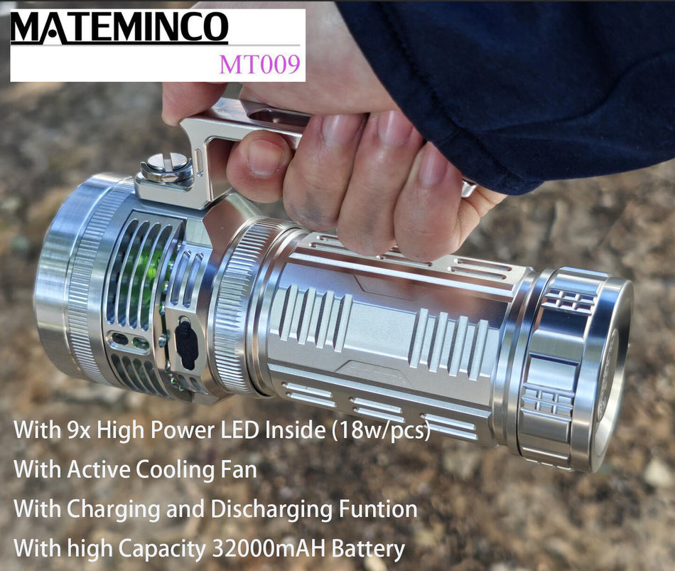 Mateminco High Power Silver Rechargeable Flashlight 26000Lumen Torch With Active Cooling Fan/ 9x LED/32000mAh Battery/Power Bank Funtion