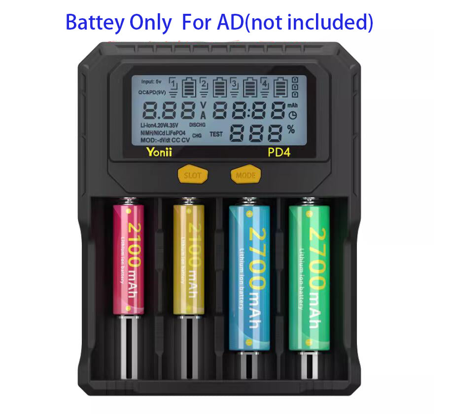 PD4 4-Slot Smart LCD Battery Charger – Capacity Tester for 18650 21700 AA AAA 26650 14500
