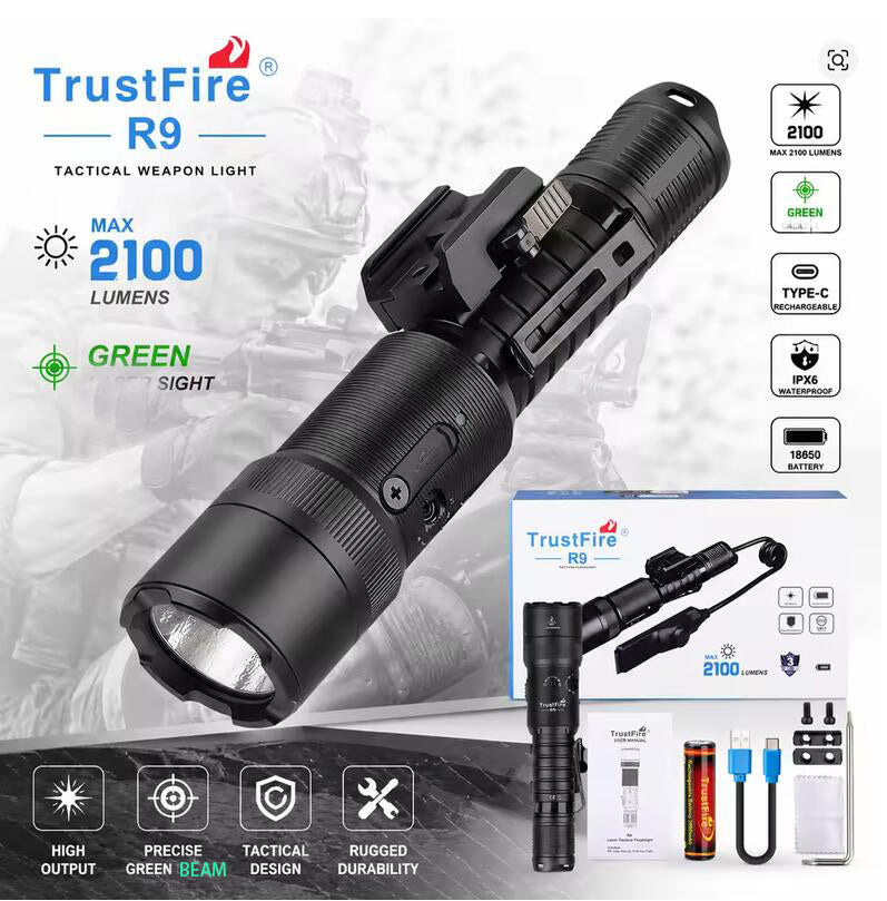 TrustFire R9 2100 Lumens 240 Meters White + Green Beam Tactical Flashlight Under-barrel Light USB Type-C Rechargeable