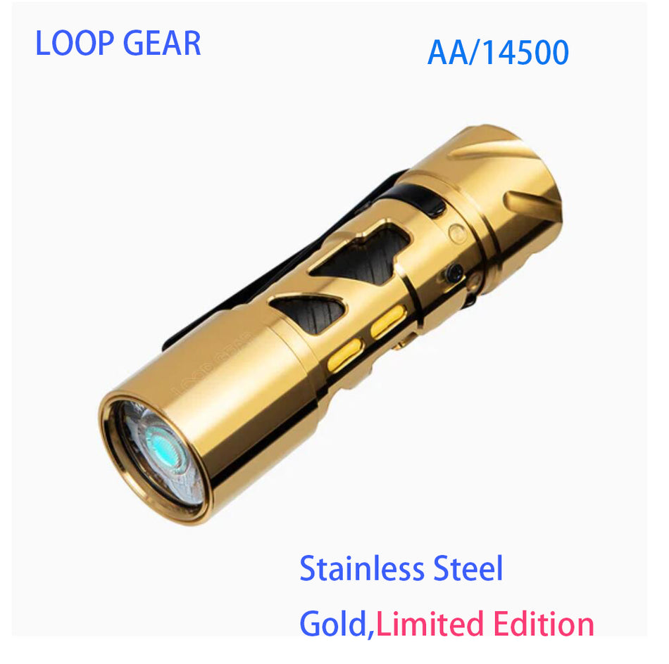 LOOP GEAR SK03 Stainless Steel Gold Mini EDC LED Flashlight 1000Lumens AA/14500