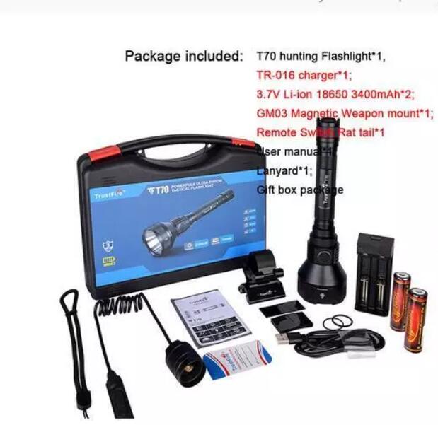 Trustfire T70 2300 Lumen LED 1000meter Long Range Tactical Hunting Flashlight + 2x Battery+Charger+Remote Switch + Mount