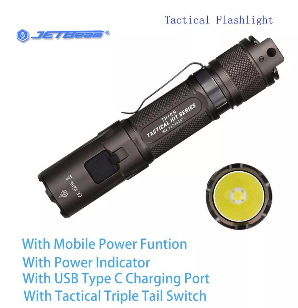 JETBEAM TH10R Tactical USB Type C Rechargeable Flashlight 2000 Lumen 260Meter With Triple Tail Switch