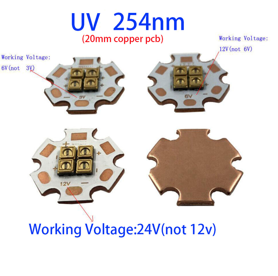 UV 254nm/275nm/295nm/310nm/340nm 4 Chip LED UV Bulb for Disinfection Sterilizer 20mm Coper PCB