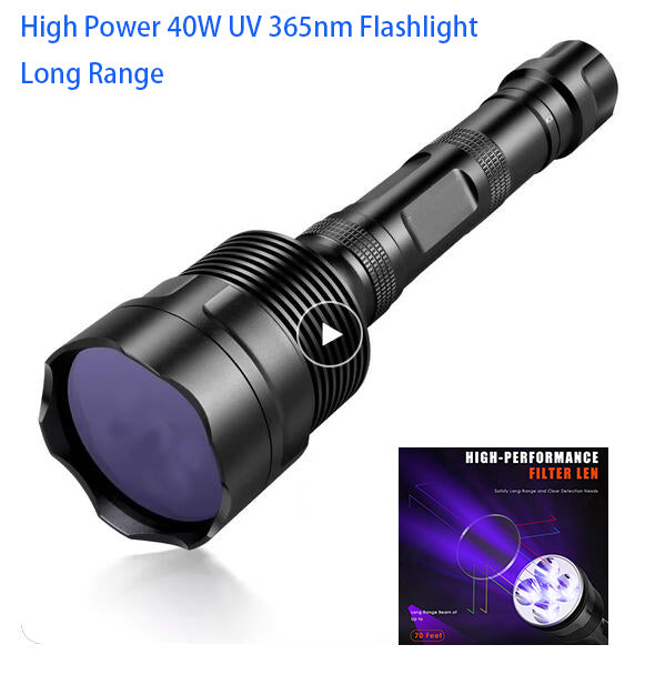High Power Long Range 40W 365NM UV Black Light LED Flashlight With Filter Curing UV Lamp