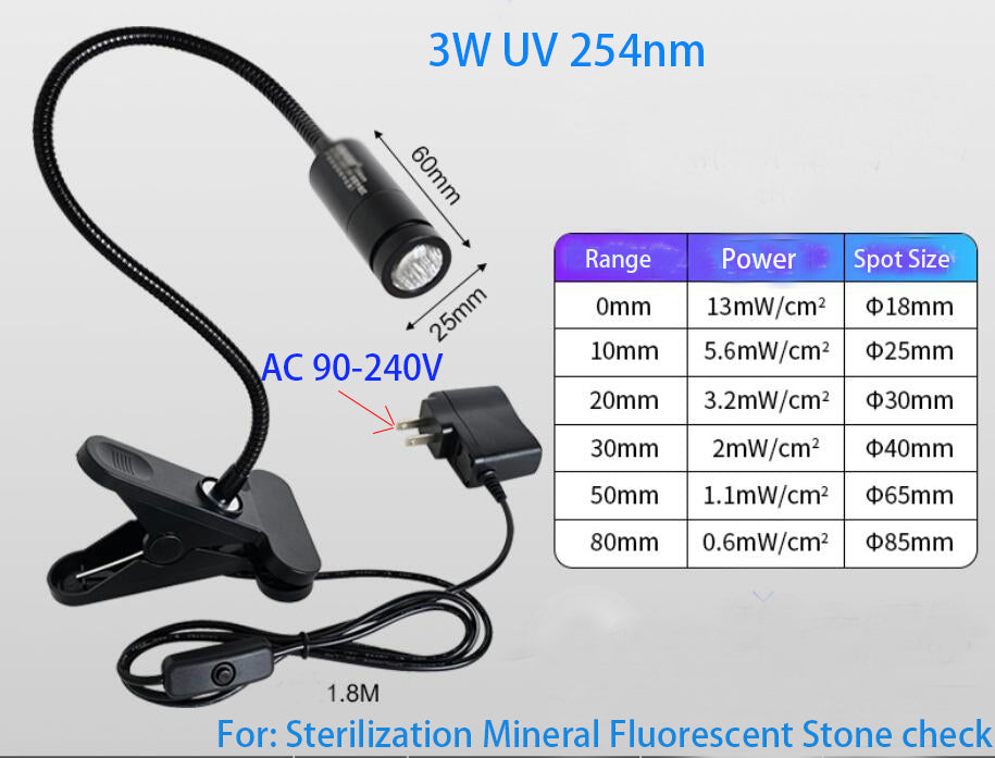 3W UV LED Light 254nm 275/295/310 Short Wave Clip Lamp AC90-220V For Sterilization Mineral