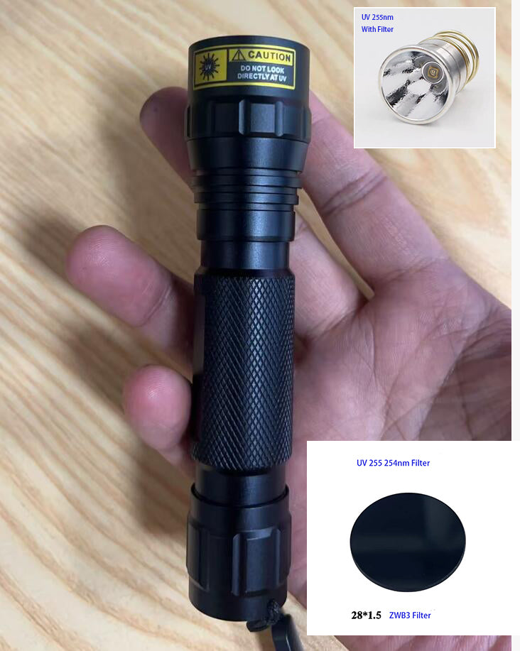 5W UV 255nm 254nm UVC LED Short Wave Flashlight with Filter For Mineral Stone Disinfection