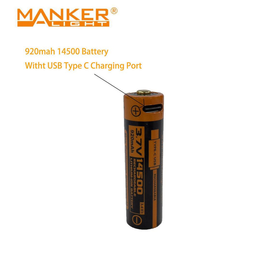 Mankerlight 920mAh 14500 Rechargeable Battery With USB Type C Charging Port +1pcs Free Torch