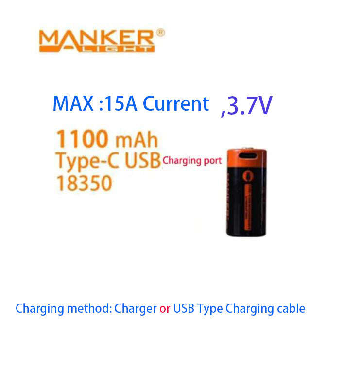 Mankerlight 1100mAh 18350 Rechargeable Battery With USB Type C Charging Port +1pcs Free Flashlight