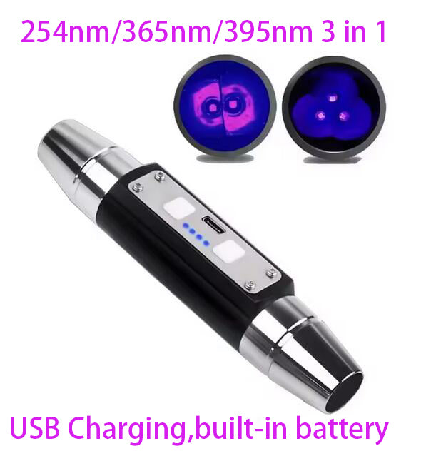 Shortwave UVC USB Rechargeable Flashlight 254nm 365nm 395nm 3 IN 1 LED UVA Minerals with Filter(Built-in Battery)